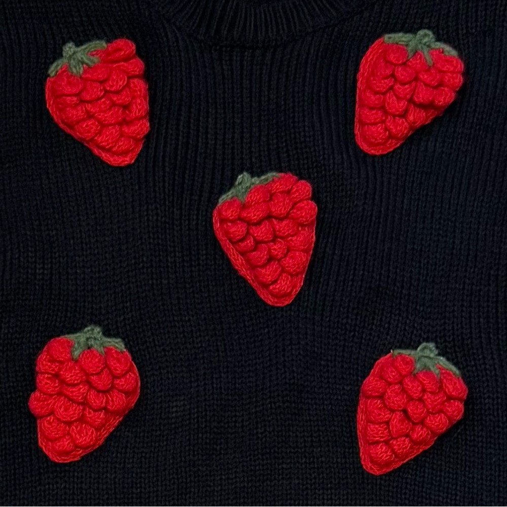Women’s Black Strawberry 3D Appliqué Knit Sweater - Picture 2 of 6